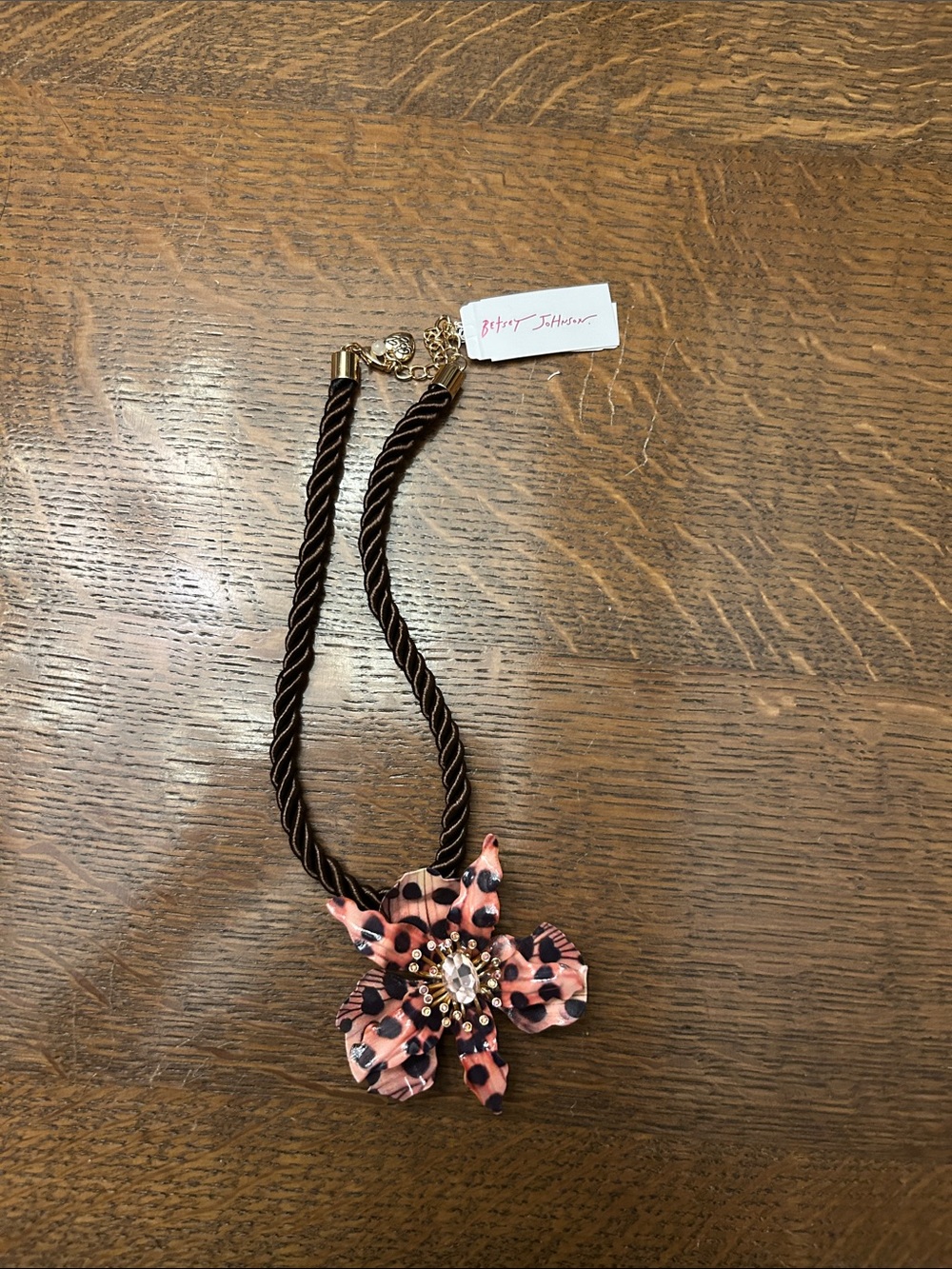 Betsey Johnson Pink Leopard Floral Pendant Necklace with Brown Rope
